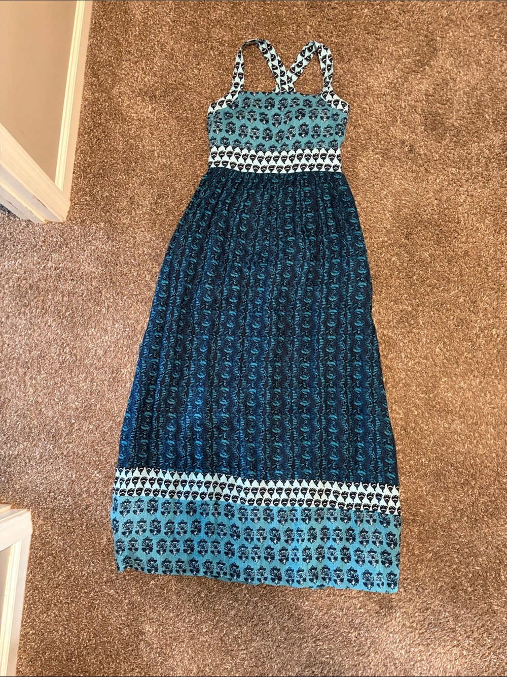 Faherty Teal and Navy Blue Patterned Maxi Dress Size Small